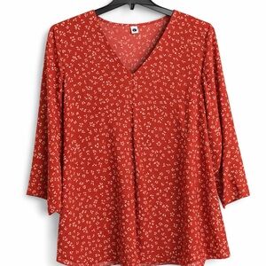Red Floral Women's V-Neck Boho Top Size Large